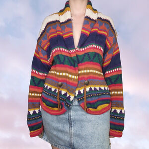 Vtg 80s Southwestern Concho Geometric Knit Colorful Rainbow Boho Sweater Sz L
